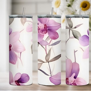 Seamless Orchid Floral Flower Boho Style Watercolor Print 20 oz Skinny Tumbler | 4 PNG Files High Quality 3D Embroidered
