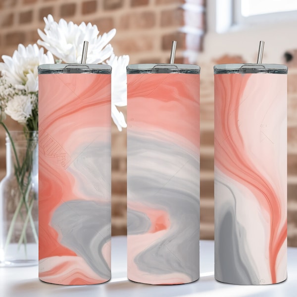 Seamless Coral & Gray Marble Print 20 oz Skinny Tumbler | 4 PNG Files High Quality 3D Embroidered