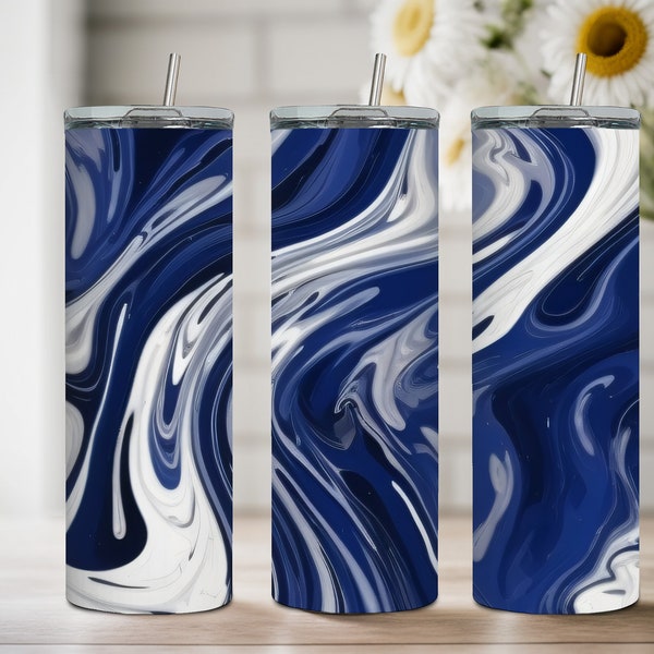 Seamless Navy Blue White Marble Print 20 oz Skinny Tumbler | 4 PNG Files High Quality 3D Embroidered