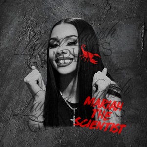 May include: Black and white photo of a woman with long black hair. She is smiling and wearing a black shirt with the text "Mariah The Scientist" in red letters. A red scorpion is behind her head.