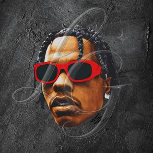 May include: Digital art portrait of a person wearing red sunglasses, set against a textured gray background. The artwork features a stylized rendering of the subject's face, with a transparent cursive "J" overlay.