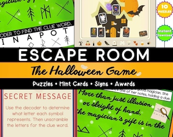 May include: A Halloween-themed escape room game with a green and orange color scheme. The game includes 10 puzzles, hint cards, signs, and awards. The text on the image reads "Escape Room The Halloween Game" and "Secret Message Use the decoder to determine what letter each symbol represents. Then unscramble the letters for the clue word."