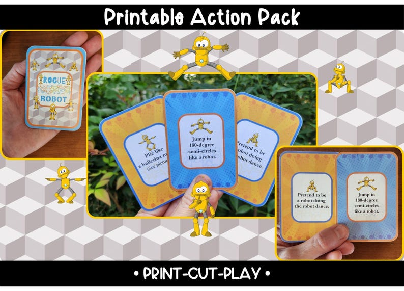 Rogue Robot exercise flashcards
for kids robot-themed printable  
physical fitness fun activity movement game cards for children home workout flashcards
exercise games physical education warmups educational active play exercise cards for classrooms