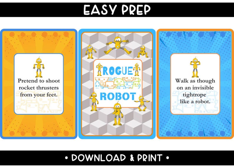 Rogue Robot movement flashcards for kids Printable movement active play learning game Educational STEM movement activities
Sci-fi exercise fitness cards
Printed robot action card game
Kids' robotic challenge
Robot-themed brain break activity cards