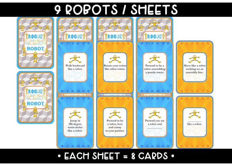 Rogue Robot movement flashcards for kids Printable movement active play learning game Educational STEM movement activities
Sci-fi exercise fitness cards
Printed robot action card game
Kids' robotic challenge
Robot-themed brain break activity cards