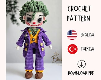 Patrón de ganchillo para muñeco amigurumi: Chaqueta morada, pelo verde (tutorial en PDF)