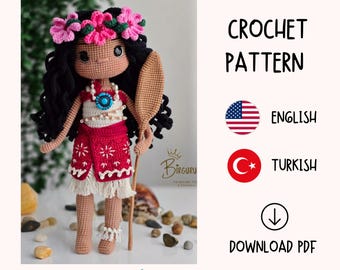 Mönster för virkad amigurumi-docka: Hawaii-flicka med paddel (PDF-handledning)