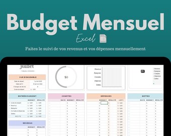 May include: A computer screen and a tablet display a monthly budget spreadsheet template in Excel. The template is designed to track income and expenses. The spreadsheet is labelled "Budget Mensuel" and "Excel". The template is in French.