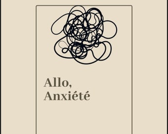 Può includere: Una copertina di diario beige con un disegno di scarabocchi neri e il testo "Allo, Anxieté". Il testo "Ce journal appartient à :" è in fondo alla copertina.