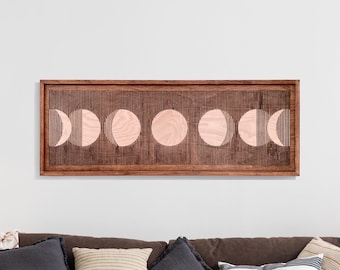 Framed Wooden Wall Art Moon Phases, Boho Rustic, Geometric Line Art, Minimalist design, Celestial, Lunar Eclipse,Living Room Above Bed Decor