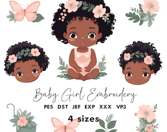 Baby Girl Embroidery Design, African American Baby, Black Baby Girl Embroidery, Butterfly Flower embroidery, 4 Sizes, Instant Download