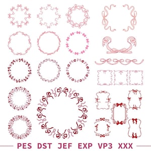 May include: A collection of pink and red bow and ribbon designs in various circular and rectangular shapes. The image includes wreaths, frames, and decorative borders, perfect for digital crafting or design projects. The bottom of the image includes the text "PES DST JEF EXP VP3 XXX".