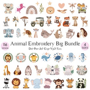 Animals Embroidery Bundle, Zoo Animal Machine Embroidery, Cute Baby Jungle Animals Machine Embroidery, Sea Animal, 4 Szies
