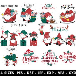 May include: A collection of Christmas-themed digital designs featuring gnomes, gift boxes, and festive text. The designs include gnomes in sleighs, holding gifts, and standing on presents. Text includes "Merry Christmas" and "Happy Christmas".