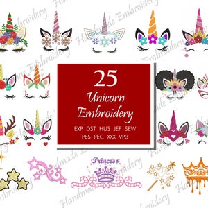 May include: A set of 25 unicorn embroidery designs in various styles, including a reindeer unicorn, a princess unicorn, and a unicorn with a crown. The designs are available in EXP, DST, HUS, JEF, SEW, PES, PEC, XXX, and VP3 formats.