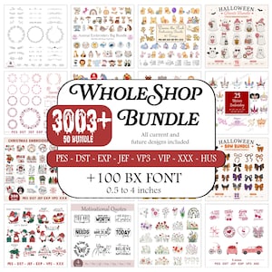 Può includere: Una collezione di ricami digitali intitolata Whole Shop Bundle 3003+ 50 Bundle che presenta vari temi tra cui animali, fantasmi di Halloween, motivi natalizi, unicorni, fiocchi, citazioni motivazionali e motivi floreali con 100 font BX.