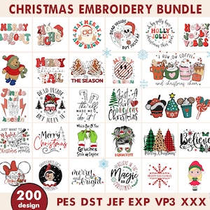 Op de afbeelding: Een verzameling van 200 kerstborduurontwerpen. De ontwerpen bevatten feestelijke zinnen, personages en afbeeldingen, waaronder de kerstman, schedels, peperkoekenmannen en kerstbomen. Het kleurenpalet omvat rood, groen, wit en zwart.