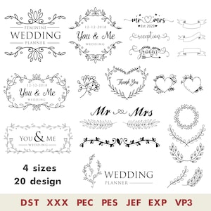 Könnte beinhalten: Ein Satz von 20 schwarzen und weißen Hochzeit-Designelementen, darunter Kränze, Banner, Herzen und Text. Der Text beinhaltet "Feminine Wedding Planner", "You & Me Wedding", "Mr & Mrs", "Reception", "Groom", "Thank You" und "Wedding Planner".