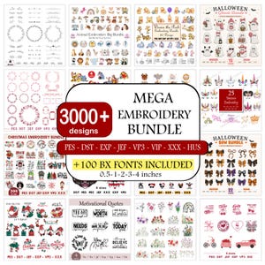 Könnte beinhalten: Eine digitale Stickmuster-Sammlung mit über 3000 Motiven, darunter Tiere, Winnie Puuh, Halloween-Geister, Einhörner, Weihnachtsthemen, Schleifen und motivierende Zitate, in den Dateiformaten PES, DST, EXP, JEF, VP3, VIP, XXX und HUS.