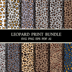 May include: A digital download bundle of 10 leopard print patterns in various colors and styles. The patterns are seamless and can be used for a variety of projects, including fabric, wallpaper, and digital design. The bundle includes SVG, PNG, EPS, PDF, and AI file formats.