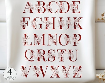 Floral Font Embroidery, A-Z Full Flower Alphabet Machine Embroidery Designs, Uppercase Letters, 4 sizes, Instant Download