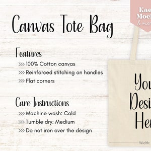 Canvas Tote Bag Size Chart, Features, Care Instructions Mockup, Cotton Tote Bags, Sizing Chart Template, Digital Mock up, Digital Image