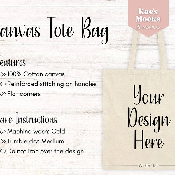 Canvas Tote Bag Size Chart, Features, Care Instructions Mockup, Cotton Tote Bags, Sizing Chart Template, Digital Mock up, Digital Image