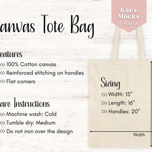 Canvas Tote Bag Size Chart, Features, Care Instructions Mockup, Cotton Tote Bags, Sizing Chart Template, Digital Mock up, Digital Image