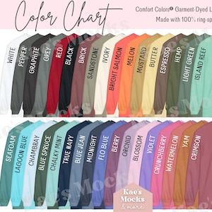 May include: Color chart of Comfort Colors garment-dyed long sleeve T-shirts in various colors, including white, red, and blue. The text "Color Chart" is at the top, with "Made with 100% ring-spun cotton" below. The brand name "Kae's Mocks & more" is at the bottom.