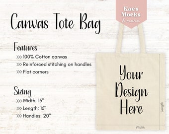 May include: A white canvas tote bag with the text "Your Design Here" printed on the front. The bag has reinforced stitching on the handles and flat corners. The bag measures 38 cm wide, 41 cm long, and has 51 cm handles.