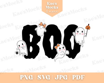 May include: A Halloween-themed graphic with the word "BOO" in large black letters. Cute white ghost characters with bows and a pumpkin on a stick are playfully arranged around the letters. The image also includes file type options.