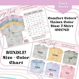 Puede incluir: Un paquete de maquetas para camisetas Comfort Colors Unisex Color Blast. La imagen incluye una tabla de tallas con medidas en pulgadas, una tabla de colores y el texto "BUNDLE! Size + Color Chart."