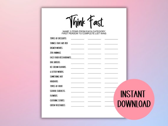 Think fast trivia game, birthday party game, adult party game, teen party game, printable party game, icebreaker game, family game night
