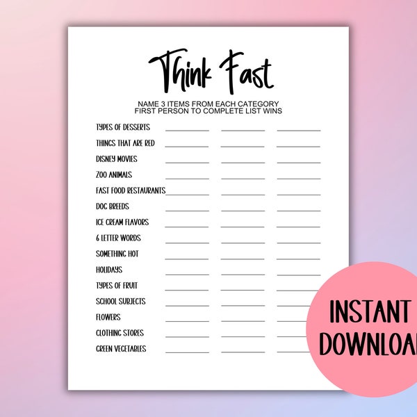 Think fast trivia game, birthday party game, adult party game, teen party game, printable party game, icebreaker game, family game night