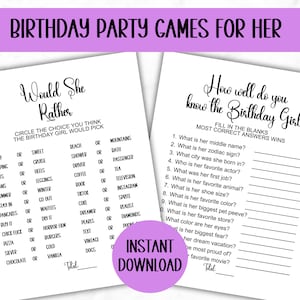 Would she rather, how well do you know the birthday girl, 2 birthday party games for her, printable party games, minimalist party games