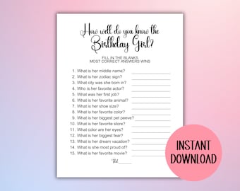How well do you know the birthday girl, birthday party game, teen party game, adult party game, birthday trivia game, party games for her