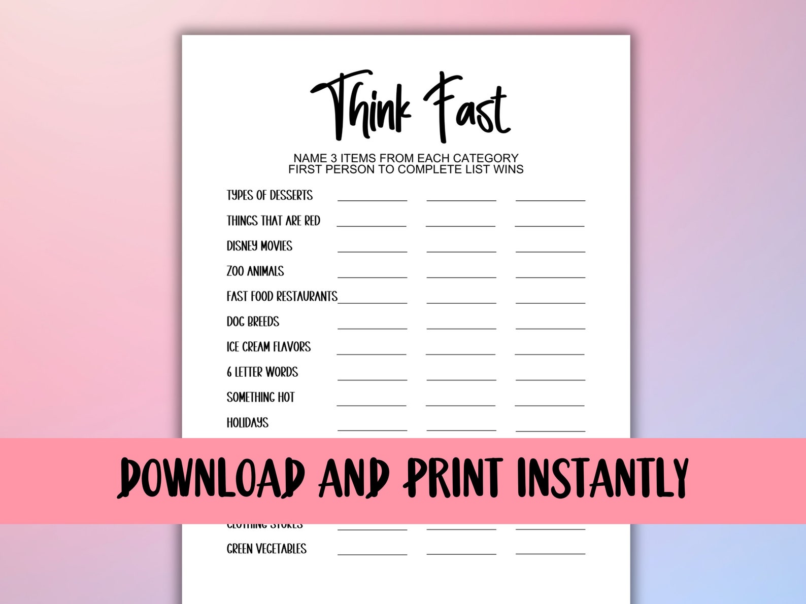 Think Trivia Think Fast Trivia Game, Birthday Party Game, Adult Party Game, Teen ...