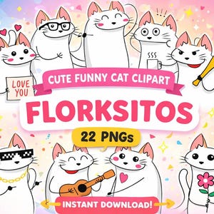 Zestaw 22 wzorów kociąt Flork Cat | Pliki AI i PNG | Cyfrowe grafiki do naklejek, sublimacji i sztuki cyfrowej