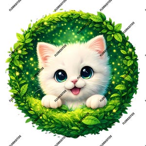 Op de afbeelding: Digitale illustratie van een witte kitten met grote blauwe ogen en een glimlachende uitdrukking. De kitten wordt omringd door een cirkelvormig frame van groene bladeren en gras, tegen een sprankelende groene achtergrond.