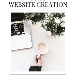 May include: A laptop computer, a cup of coffee, and two potted plants on a white surface. The text "GUIDE WEBSITE CREATION" is at the top of the image. The text "facelessfairygodmother/How to Emporium" is at the bottom of the image.