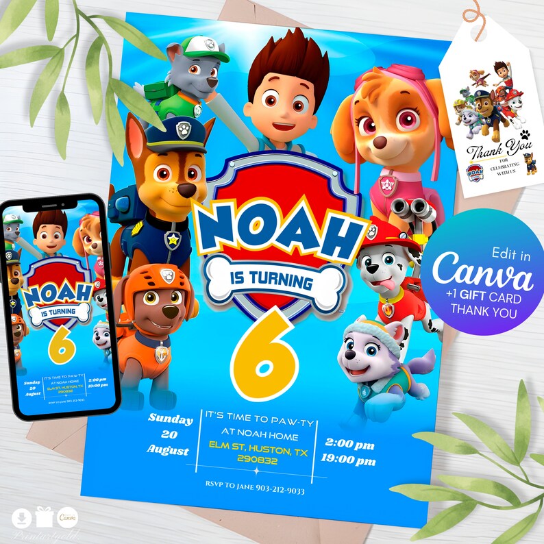 Paw-ty Patrol Invitation kids Birthday Invitation Template Editable ...