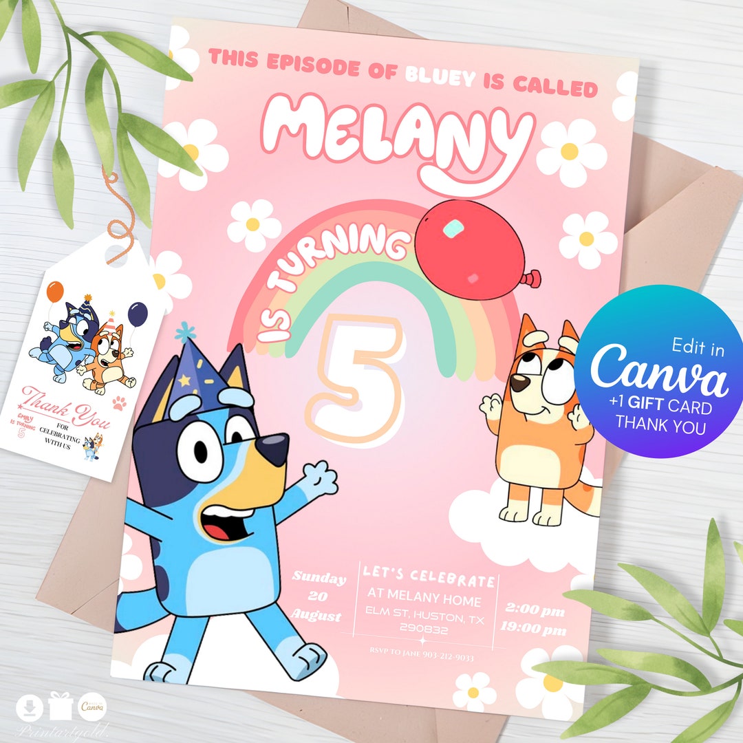 Blue Dog Birthday Invitation Canva Template, Editable Kids Party Invite ...