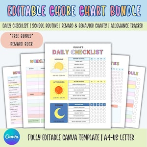 May include: An editable chore chart bundle featuring a daily checklist, weekly routine, reward and behavior charts, and an allowance tracker. The templates include colorful headers, sun and moon icons, and checkboxes for tracking tasks throughout the week.