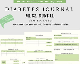 Diabetes Journal Mega Bundle | Blood Sugar Tracker | Type 2 diabetes Journal | Printable Blood Sugar Log Book | Diabetes Planner |