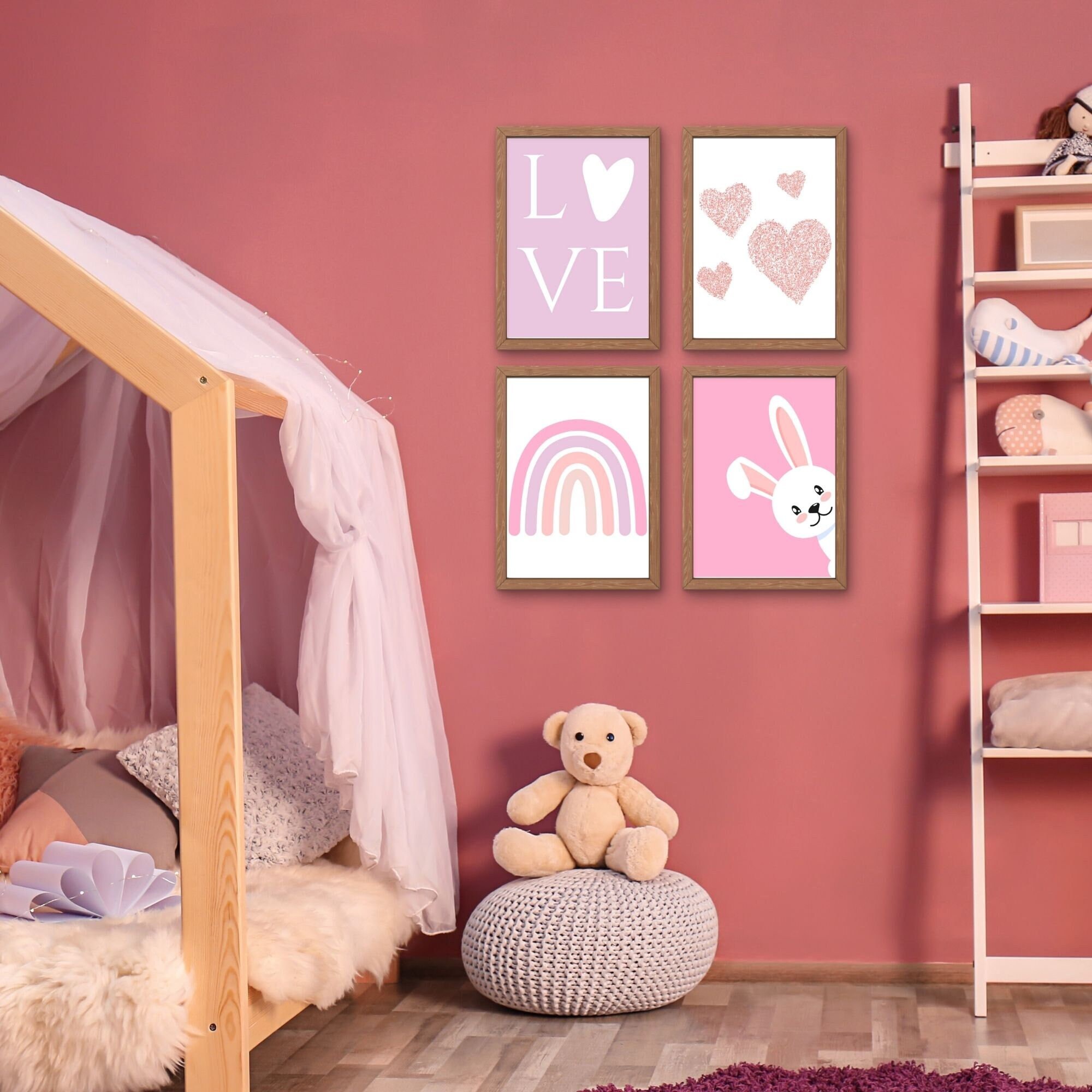 Rainbow Pink Baby Girl Wall Art Cute Girls Room Decor Rabbit - Etsy