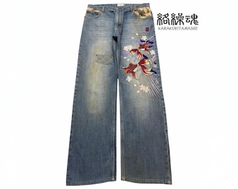 Vintage 90s Japan Karakuri Tamashi Embroidered Fish Koi Straight Leg Jeans