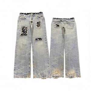 Vintage Y2K Japanese Brand Light Blue Wash Honeycomb Distressed Skull Patches Jeans