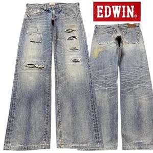 Vintage 90s Edwin XV Blue Faded Wash Distressed Patches Wide Leg Relaxed Jeans