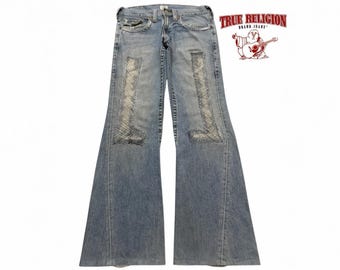 Vintage 90er Jahre USA True Religion Faded Wash Distressed Sashiko Boro Weit Spiral Bein Flare