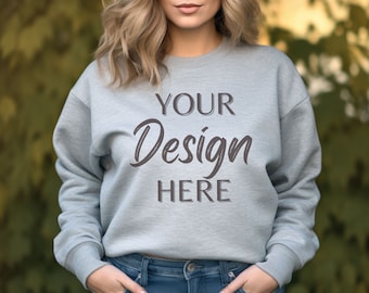 Gildan 18000 Mockup, Sport Grey 18000 Sweatshirt Mockup, Autumn Sweater Model Mockup, Fall Mockups 18000, Sport Grey Gildan Crewneck Mock